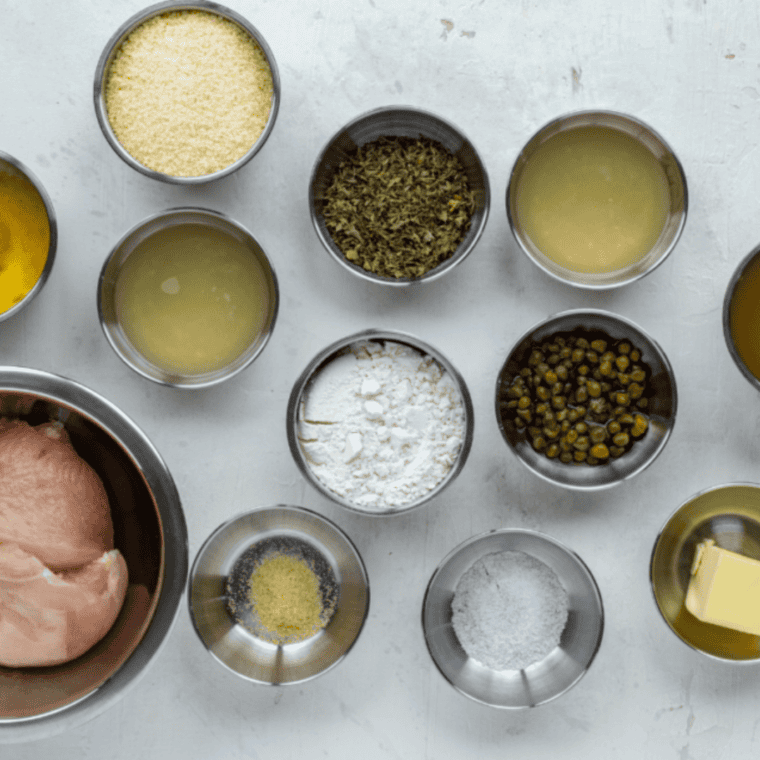 Ingredients needed for Easy Air Fryer Chicken Piccata on kitchen table.