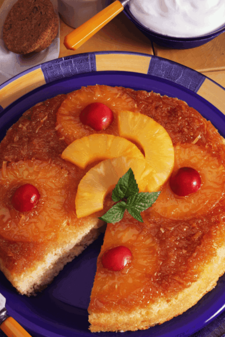 Air Fryer Pineapple Upside Down Cake with golden caramelized pineapple rings