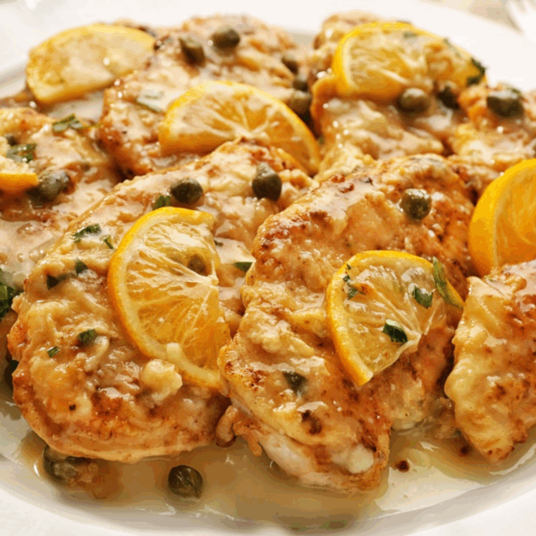 Crispy air fryer chicken piccata topped with lemon-caper sauce, served on a white plate.
