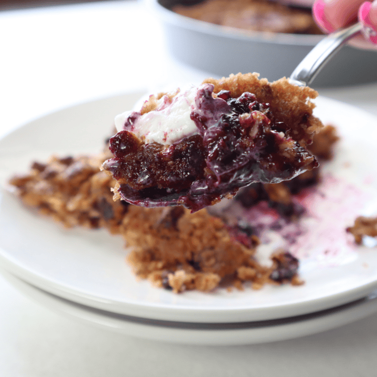 With ice cream: Plate of air fryer blueberry crisp topped with vanilla ice cream