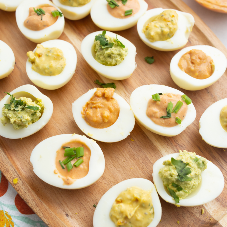 Air fryer guacamole deviled eggs topped with avocado (already good)