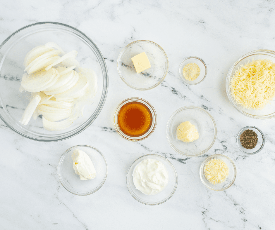 Air Fryer French Onion Dip ingredients on marble countertop.