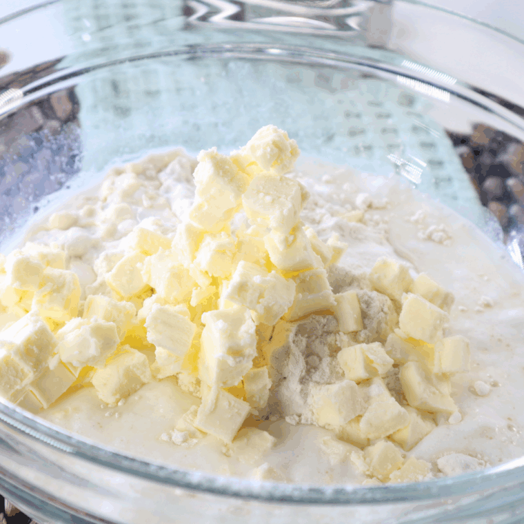 Flour, baking powder, salt, and sugar whisked together in a large bowl