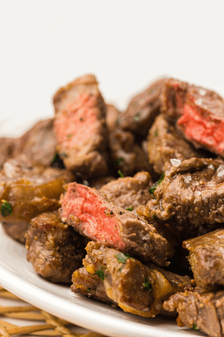 Easy bourbon marinated steak tips cooked until tender and juicy