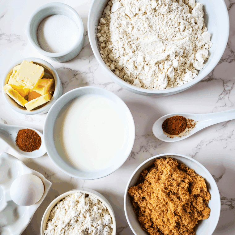 Ingredients needed for Easy Yellow Cake Mix Coffee Cake on kitchen table.