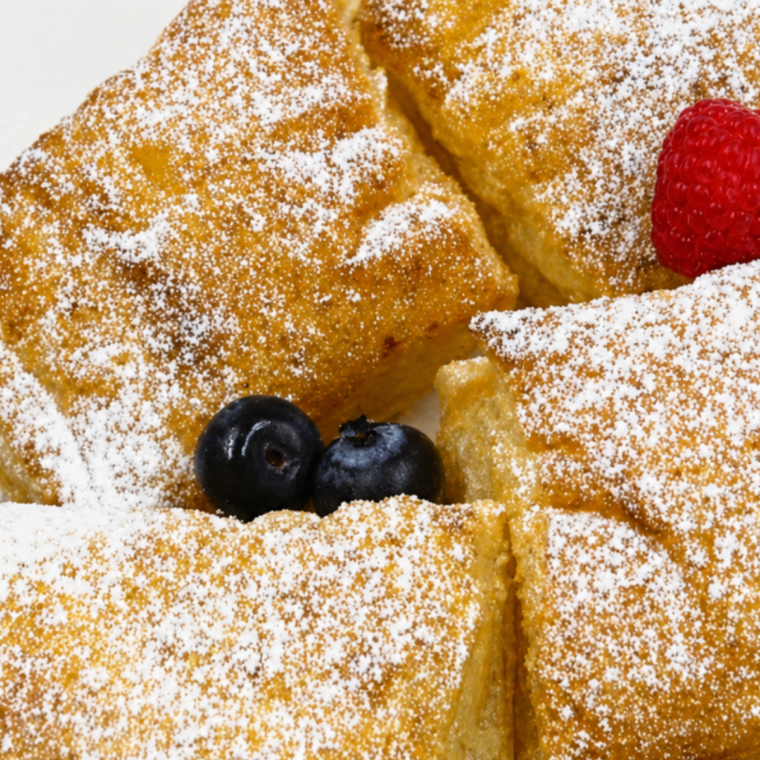 Puff pastry French toast served on a white plate with powdered sugar and fresh berries