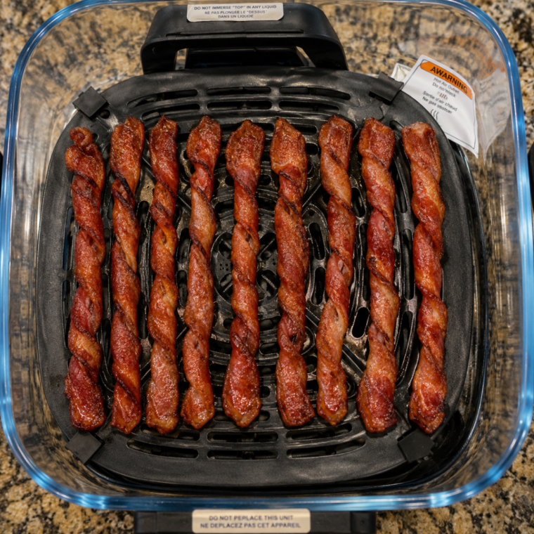 Crisp bacon strips resting on the crisper plate inside the Ninja Crispi glass container, rendered fat pooled below