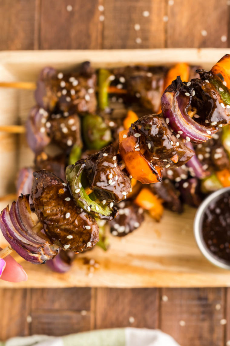 Juicy cooked beef kabobs on a plate
