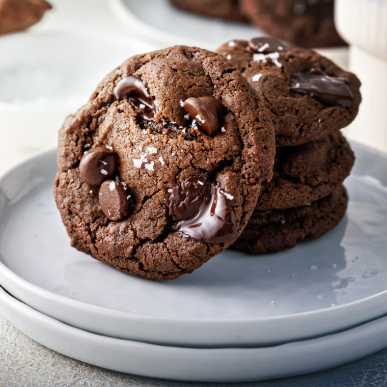 Deliciously soft and rich Air Fryer Double Chocolate Chip Cookies with gooey chocolate chunks and mini chocolate chips.