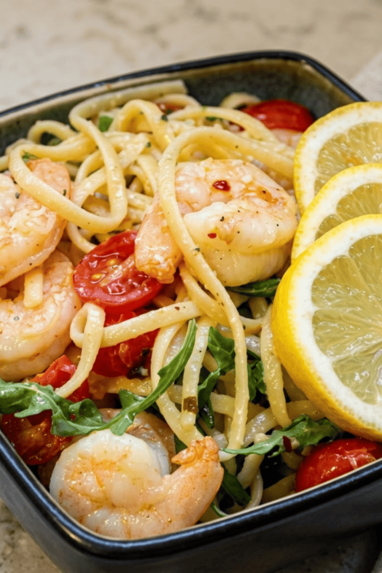 Golden shrimp cooked in garlic butter and herbs, served in a skillet ready to eat.