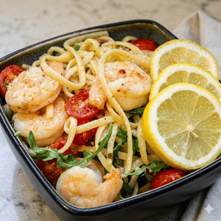 Golden air fryer shrimp coated in garlic butter and fresh herbs, served on a plate.