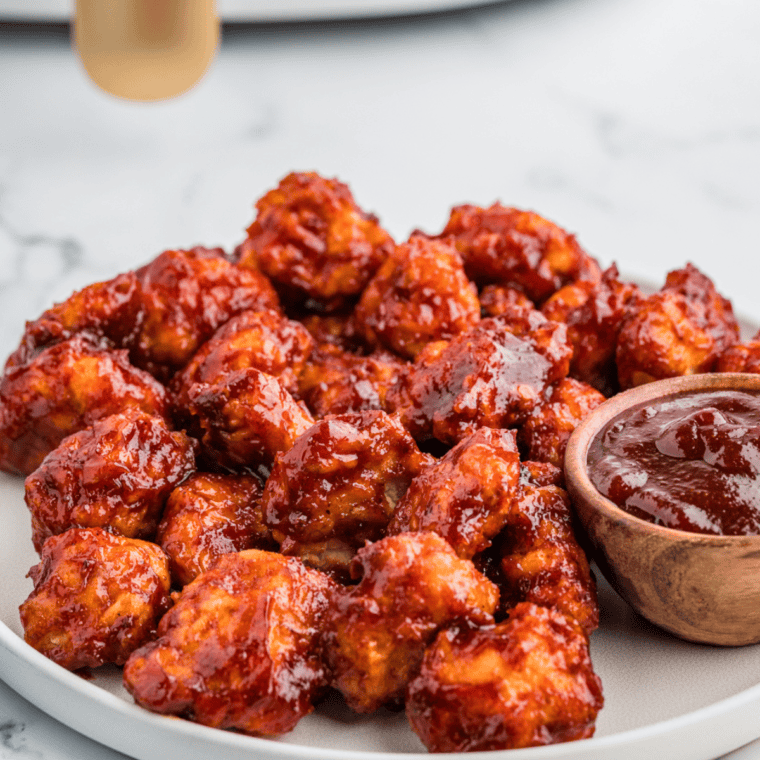 Crispy Air Fryer Honey BBQ Boneless Wings coated in sauce and served on a plate with dipping sauce.