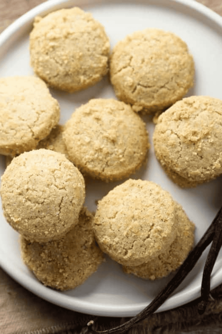 Air Fryer French Vanilla Cake Mix Cookies with soft centers and lightly golden edges on a plate.
