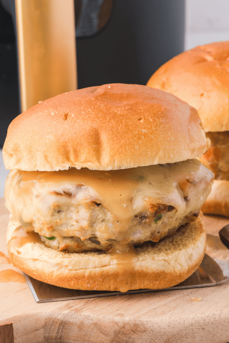 A juicy Air Fryer Greek Chicken Burger served on a toasted sesame bun and topped with cool tzatziki, fresh tomato slices, and crisp red onion. Packed with Mediterranean flavor, this easy burger is perfect for lunch, dinner, or your next backyard cookout.