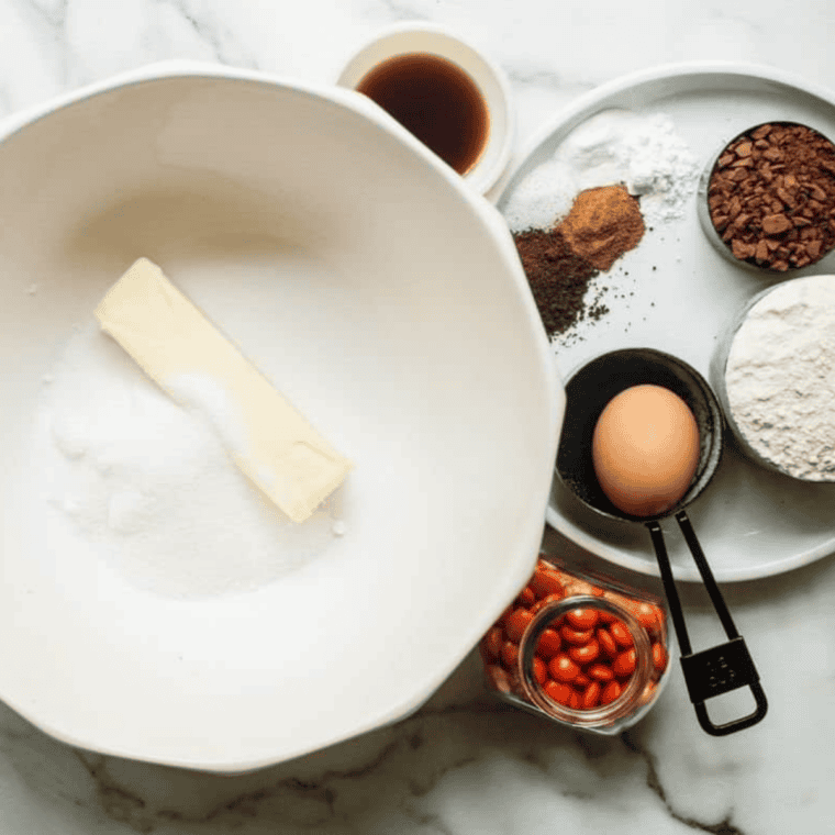 Ingredients needed for Easy Air Fryer Peanut Butter Chocolate Chip Cookies on kitchen table.