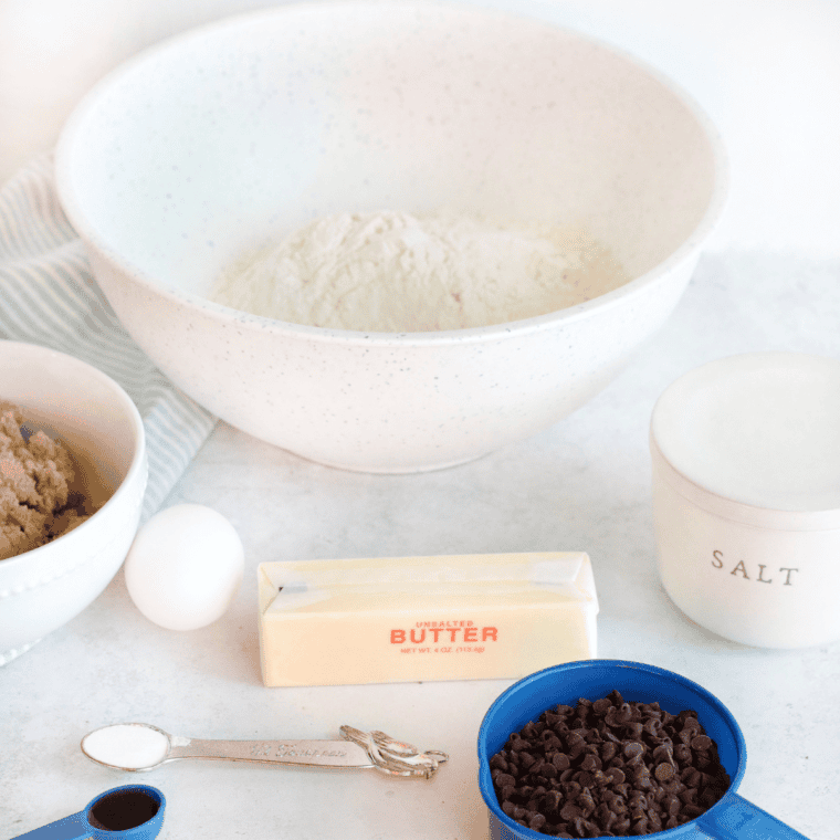 Ingredients needed for McDonald's Chocolate Chip Cookies (Copycat) Recipe on kitchen table.
