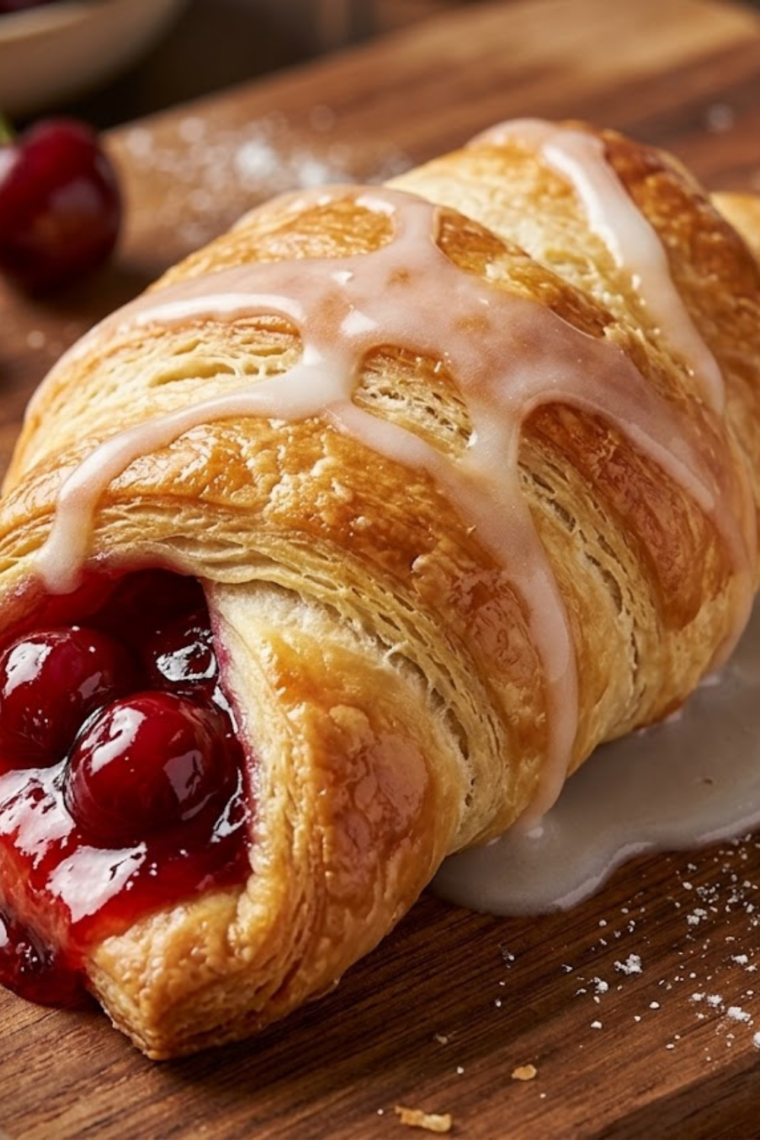 Close-up of crescent rolls cooked in air fryer filled with bright red cherry pie filling and dusted sugar
