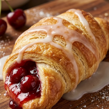 Golden air fryer cherry crescent rolls with cherry filling oozing from flaky pastry on a white plate