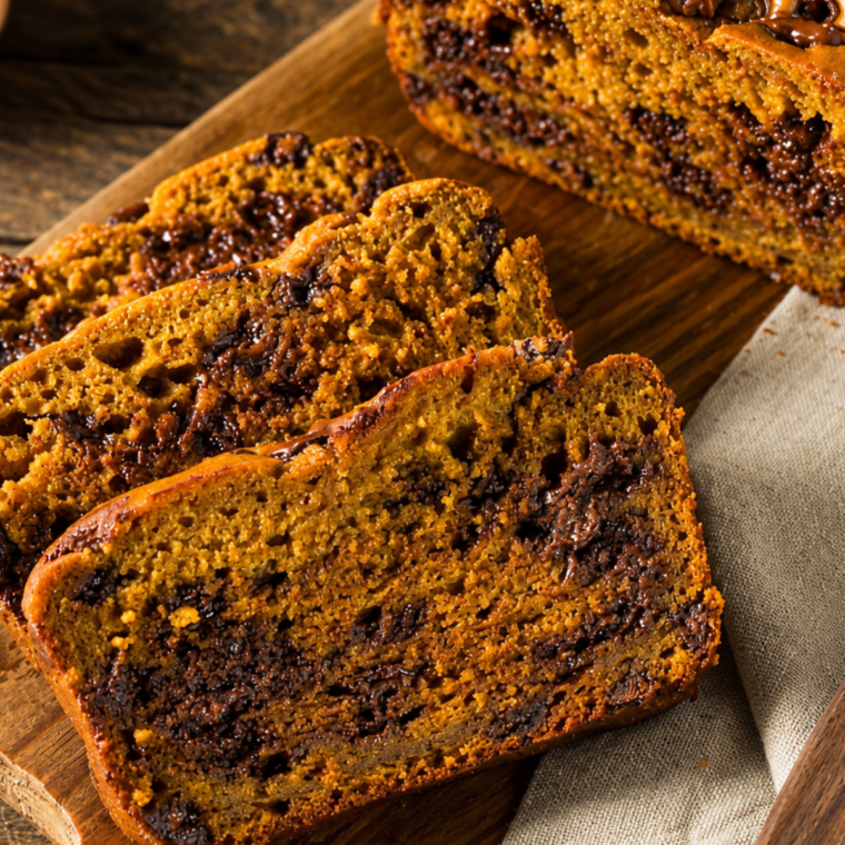 A slice of pumpkin bread on a plate beside a cup of coffee