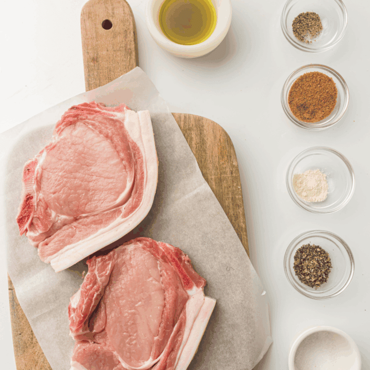 Ingredients needed for Easy BJ’s Pork Chops Recipe on kitchen table.