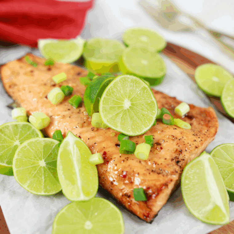 Plate of Air Fryer Keto Garlic Butter Salmon.