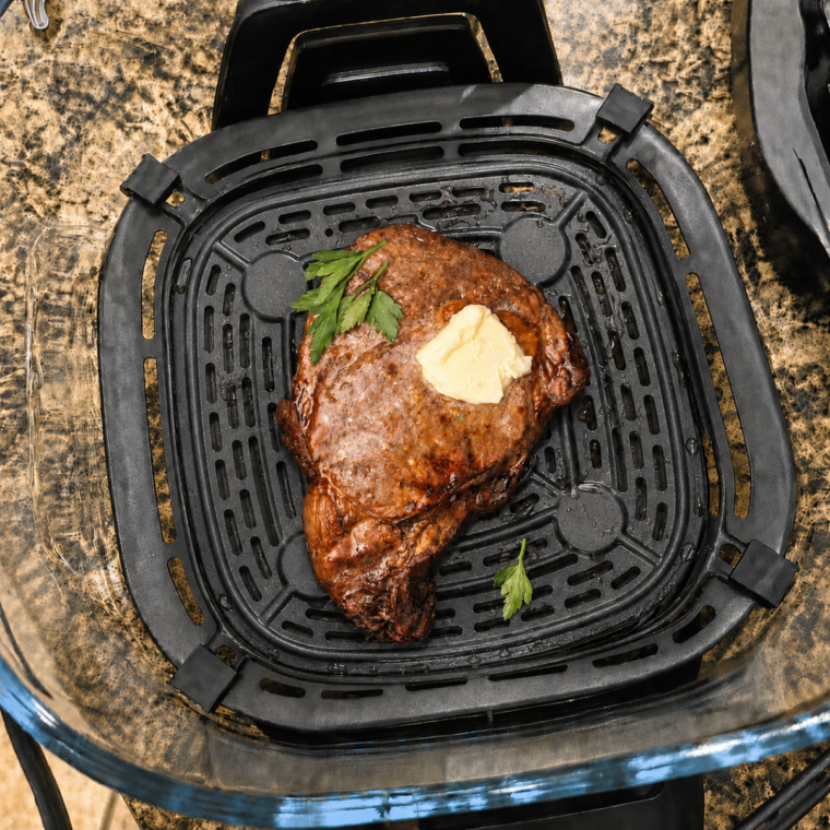 Cooked steak resting on the crisper plate inside the Ninja Crispi glass container