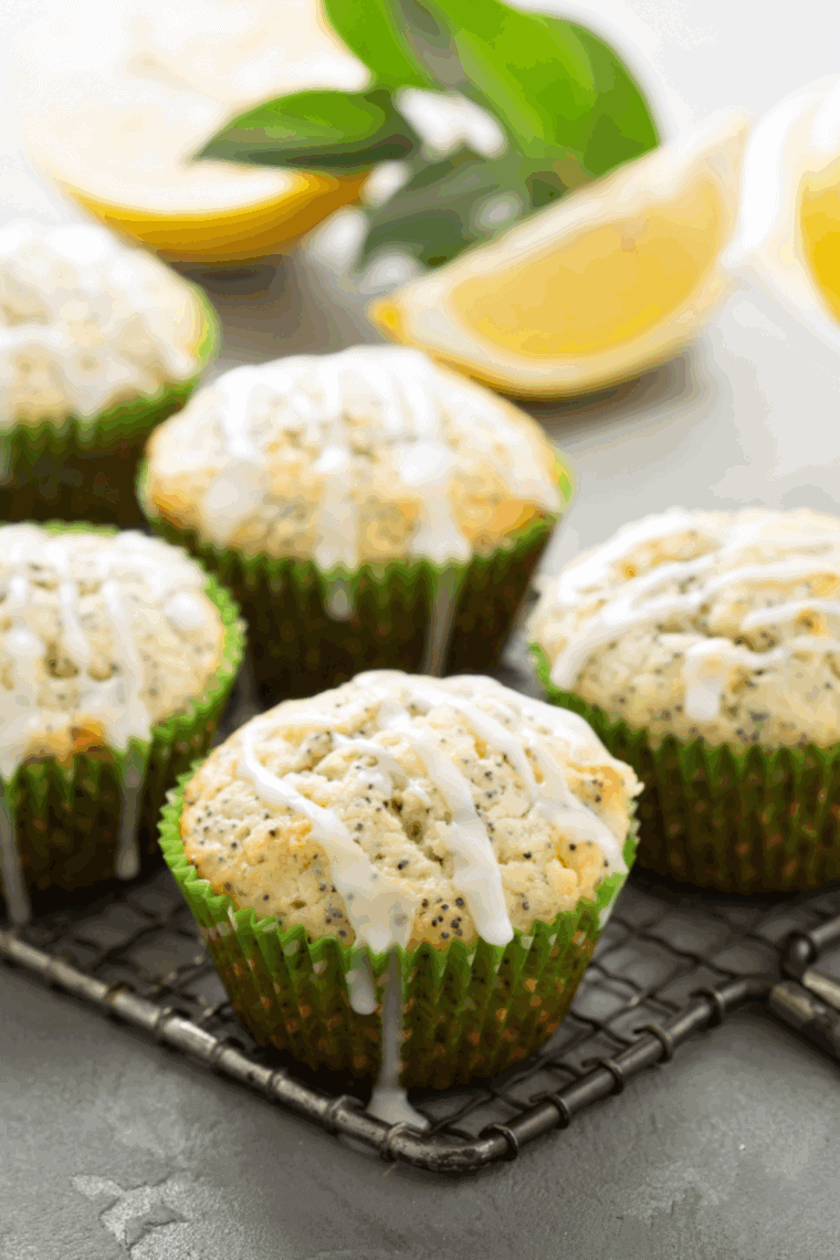 Golden air fryer lemon poppy seed muffins with zesty lemon and sprinkled poppy seeds