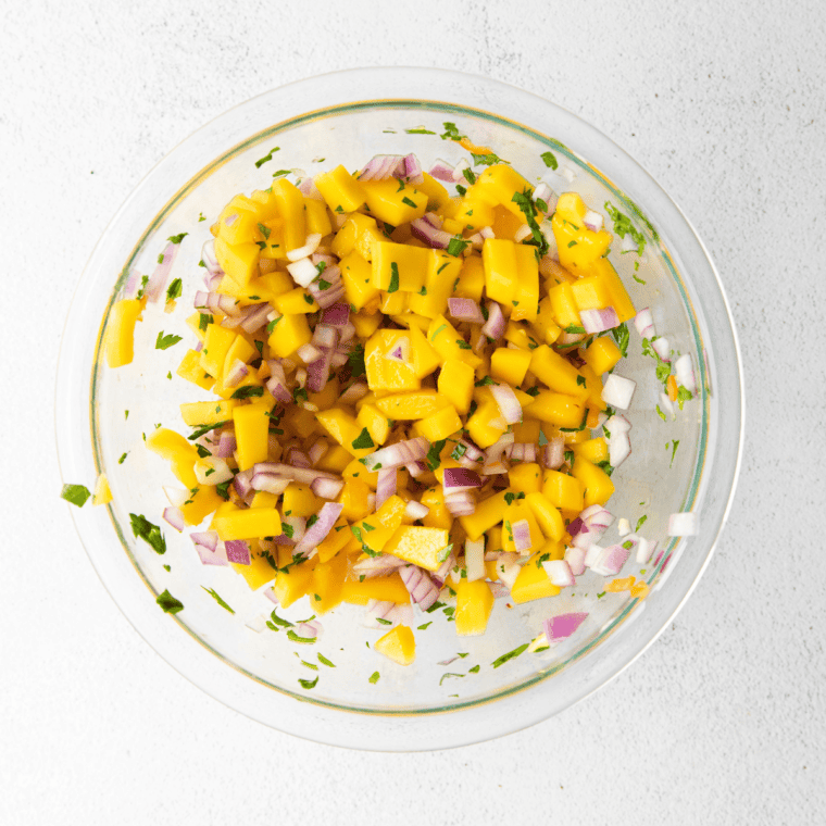 Fresh mango salsa being mixed in a bowl with red onion, jalapeno, cilantro, and lime juice.