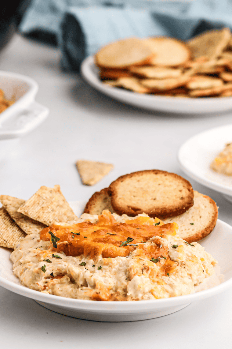 Creamy air fryer crab dip made with lump crab meat, cream cheese, and melted cheese served hot and bubbly in a dish with crackers for dipping.