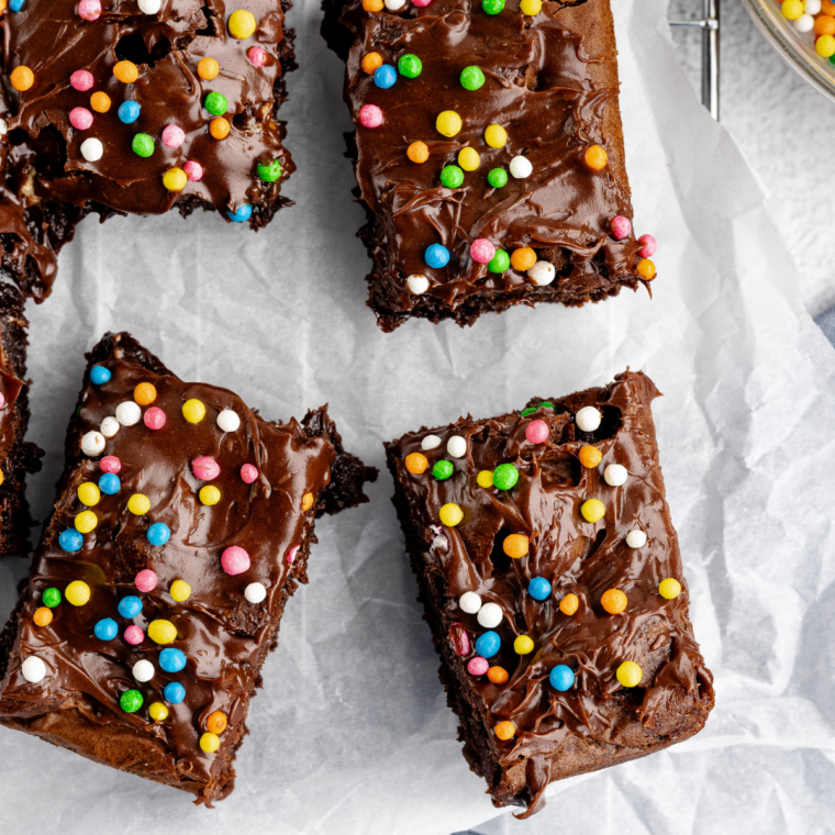 Cooled Ninja Crispi brownies sliced into neat squares