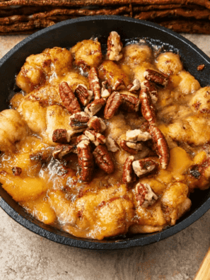 Air fryer cinnamon roll peach cobbler in a cast iron pan with icing drizzled over the golden top