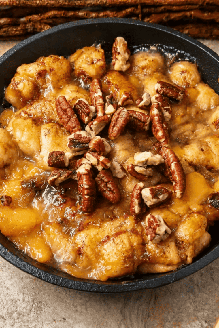 Air fryer cinnamon roll peach cobbler in a cast iron pan with icing drizzled over the golden top