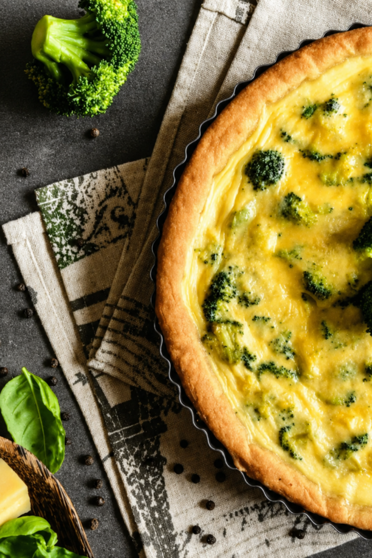 Slice of air fryer broccoli cheddar quiche on a white plate with a golden flaky crust