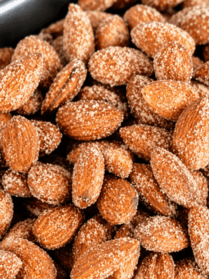 Close-up of easy cinnamon sugar candied almonds made in the air fryer