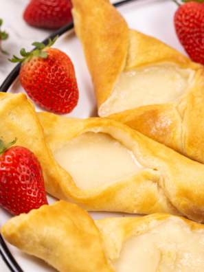 Air fryer cheese danish made with crescent rolls and a sweet cream cheese filling, cooled on a wire rack