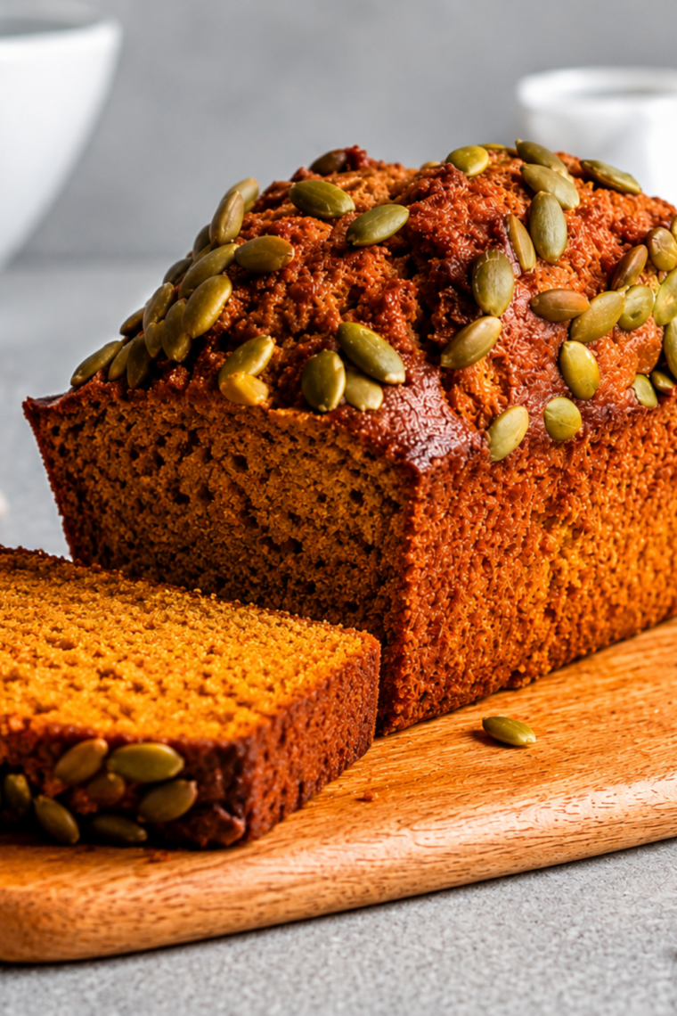 Close-up of the moist crumb of air fryer pumpkin bread