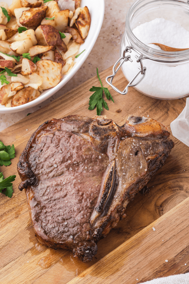 Air Fryer T-Bone Steak with crispy, golden crust and juicy, tender meat inside.