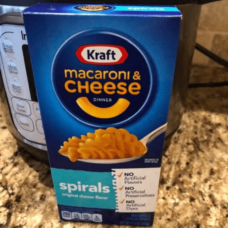 Ingredients needed for Instant Pot Boxed Mac and Cheese (Kraft, Annie’s & More!) on kitchen table.