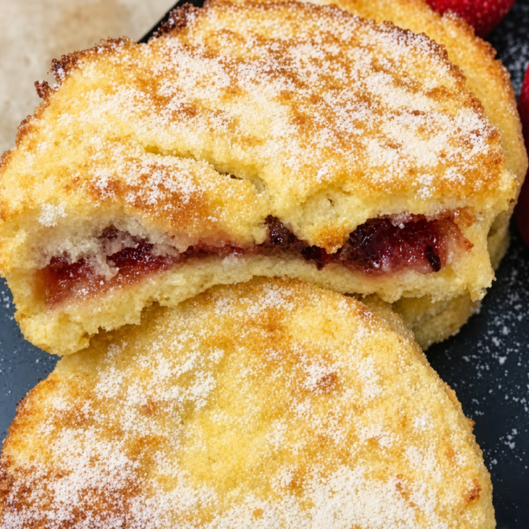 Jam stuffed French toast cut in half showing the warm raspberry jam center