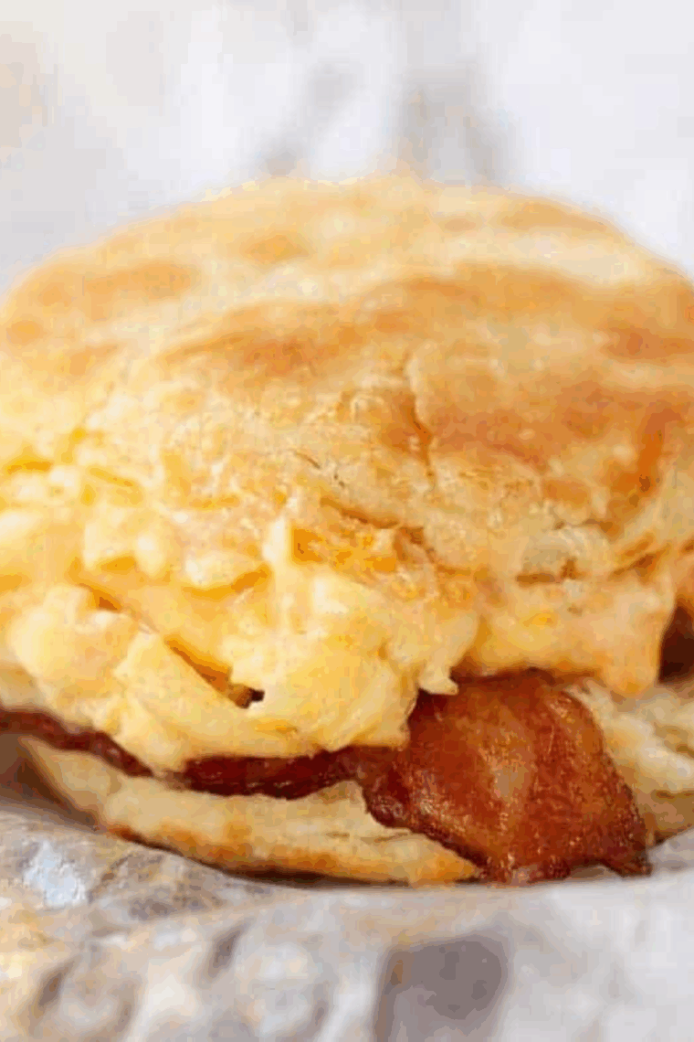 Close up of Air Fryer Breakfast Biscuits With Eggs & Bacon sandwich on kitchen table.