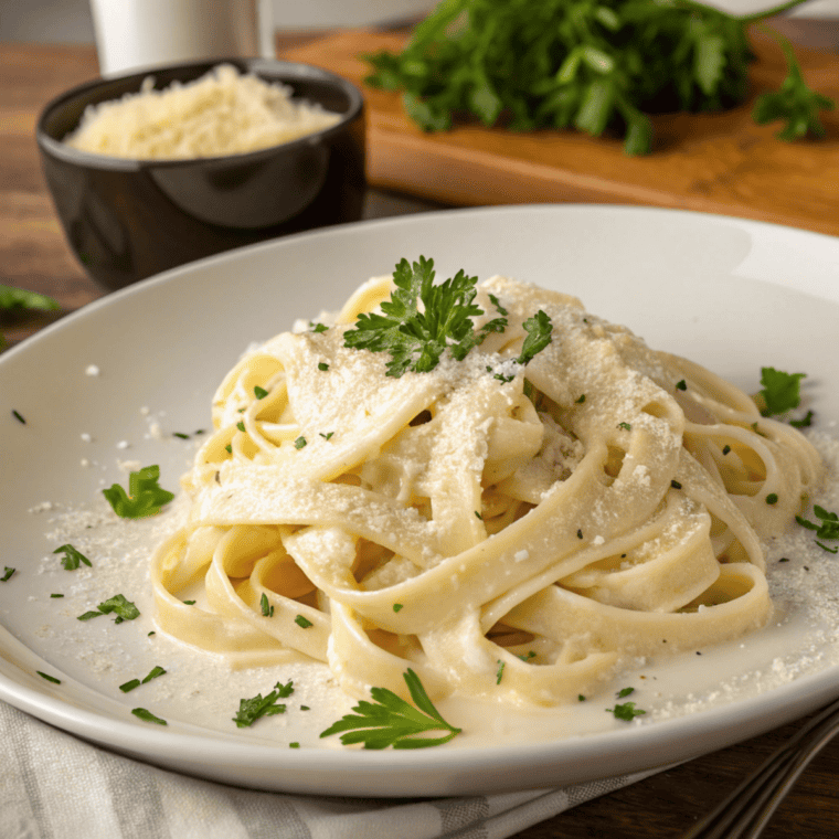 Close-up of creamy Parmesan pasta made in the Instant Pot with parsley garnish