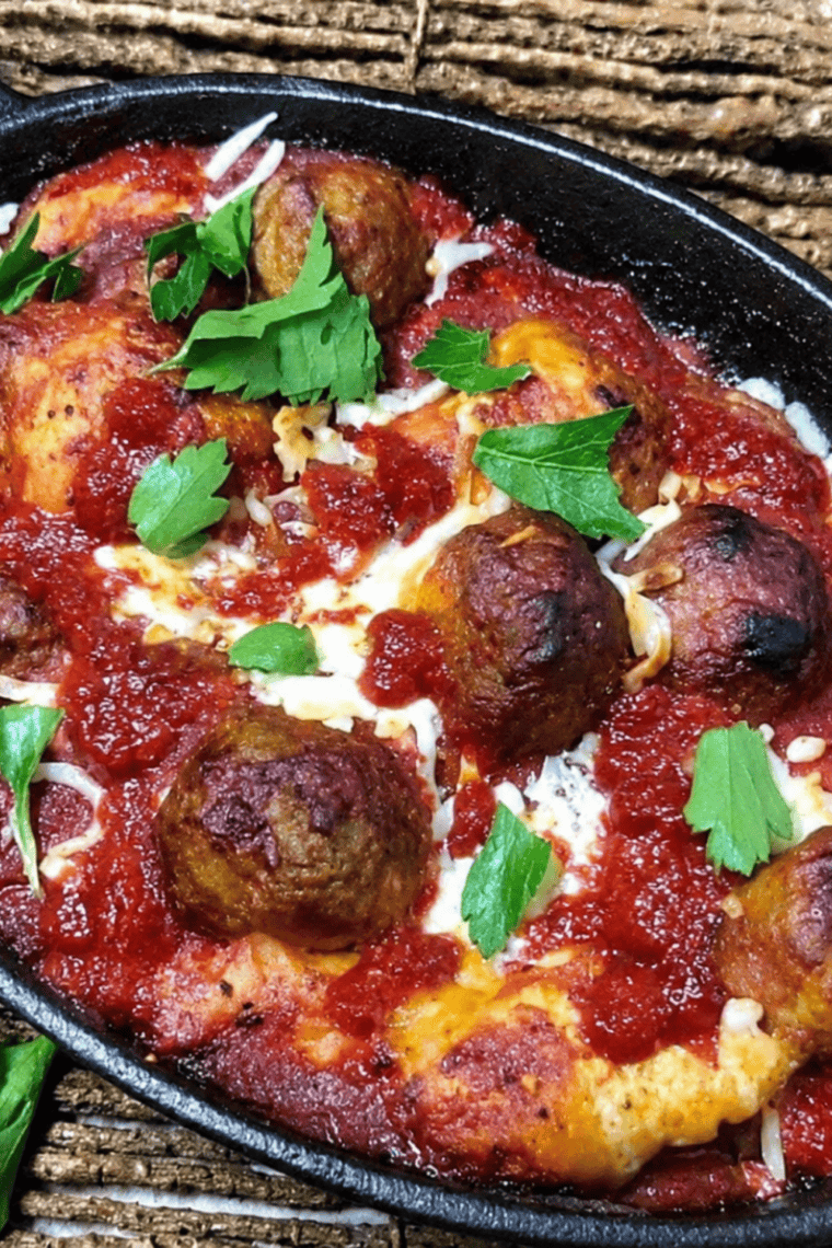 Close-up of air fryer meatball bubble up bake with cheesy pull and golden biscuit pieces