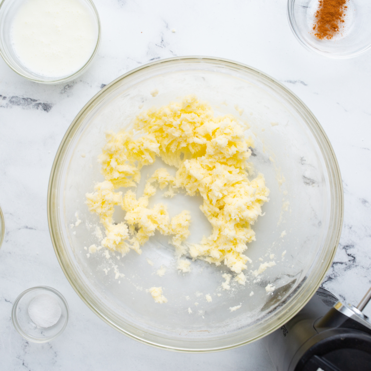 Butter and sugar creamed until pale and fluffy in a mixing bowl