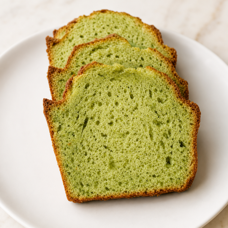 Slices of green pistachio quick bread fanned out on a plate