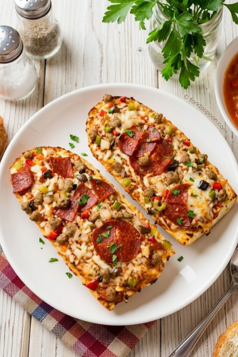 Frozen French bread pizza air fryer with melted cheese and crispy golden crust