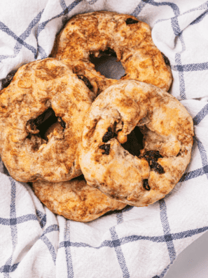 cinnamon raisin bagels in a stack