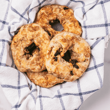 cinnamon raisin bagels in a stack