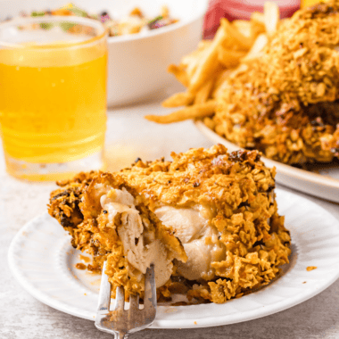 Air fryer French's crunchy onion chicken breast sliced to show juicy interior and golden crispy onion crust