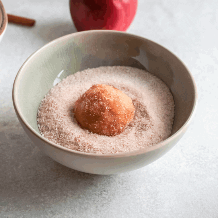 Homemade donut munchkins coated in powdered sugar and cinnamon sugar, arranged on a serving plate.