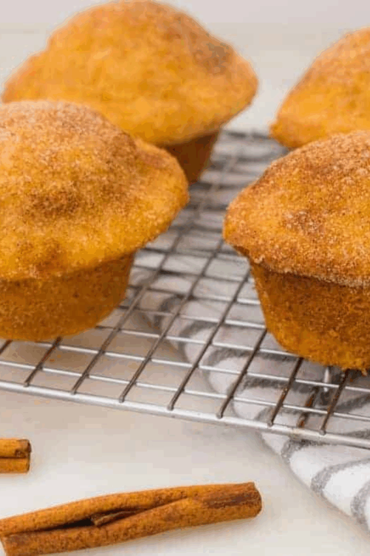 Golden air fryer cinnamon sugar muffins with soft centers and crunchy cinnamon sugar topping, freshly baked and ready to enjoy.
